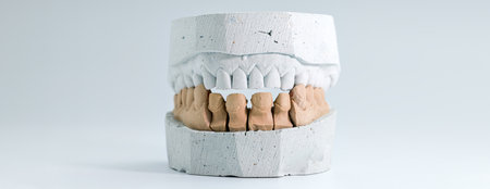 Front view of a dental plaster cast showing prepared teeth for crown placement, used in restorative...