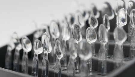 Close-up of multiple clear dental tooth shape templates organized in a black tray, used for selecting prosthetic or veneer shapes.の写真素材