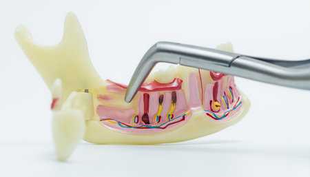 Close-up of a dental instrument examining a human jaw model with visible teeth roots, nerves, and...