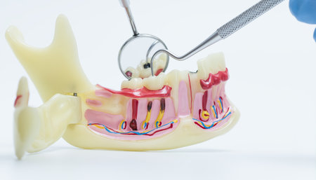 Anatomical jaw model with dental instruments inspecting a decayed tooth, used in clinical training...