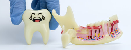Gloved hand holds cartoon-style sad tooth next to anatomical jaw model, illustrating dental pain and...