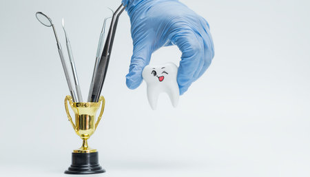 Gloved hand holding a cute winking tooth next to a trophy filled with dental instruments, symbolizing fun and excellence in dentistry.の写真素材