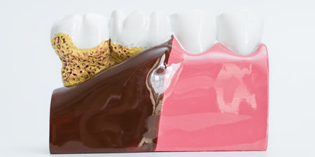 Dental model comparing advanced periodontal disease with bone loss and recession on one side, and...