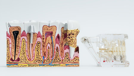 Side-by-side dental models showing detailed cross-sections with decay, implants, and a transparent...