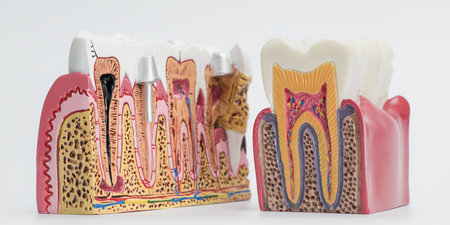 Two detailed anatomical models show healthy and damaged teeth cross-sections, including cavities,...