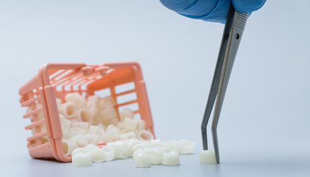 Gloved hand uses tweeters to pick a dental crown from many spilled out of a shopping basket, symbolizing dental choices and care.の写真素材