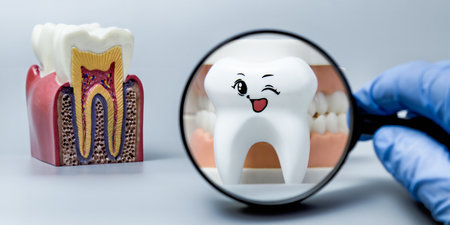 A smiling cartoon tooth is viewed through a magnifying glass, next to an anatomical dental model showing internal tooth structure. The scene highlights positive dental health and oral care awareness.の写真素材