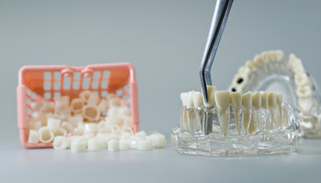 A dental crown is positioned onto a jaw implant using tweezers, with a basket full of artificial...