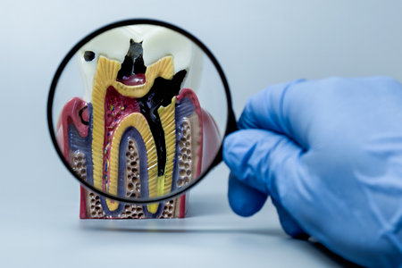 A detailed anatomical model of a decayed tooth is viewed through a magnifying glass held by a gloved...