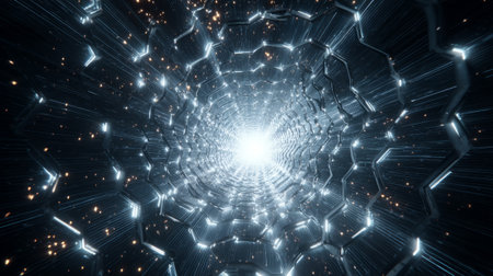 Warp Speed Hexagonal Tunnel with Light Trails and Motion Blur. Generative AIの素材