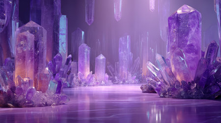 Vibrant Amethyst Crystals Growing Inside Cave. Generative AIの素材