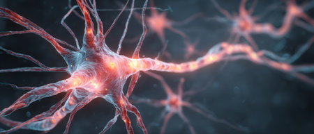 Glowing red neural cells in abstract brain network. Generative AIの素材