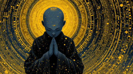 Mystical monk meditating before glowing spiral of ancient symbols. Generative AIの素材