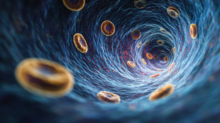 Dynamic visualization of red blood cells flowing rapidly through a human artery. Generative AIの素材