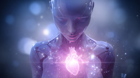 Sad humanoid robot with glowing heart symbol. Generative AIの素材