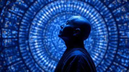 Mystical monk meditating before glowing spiral of ancient symbols. Generative AIの素材
