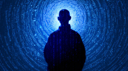 Mystical monk meditating before glowing spiral of ancient symbols. Generative AIの素材