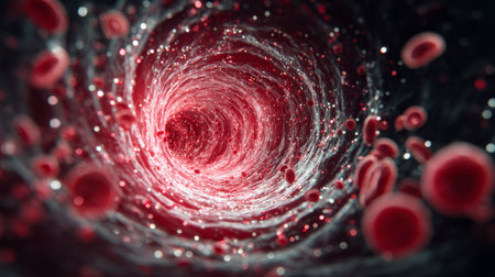 Dynamic visualization of red blood cells flowing rapidly through a human artery. Generative AIの素材