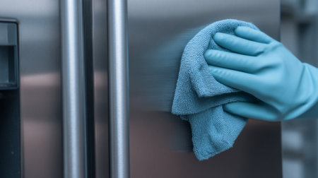 Aqua glove polishing stainless refrigerator with blue cloth. Generative AIの素材