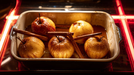 Baked apples with cinnamon and brown sugar glaze. Generative AIの素材