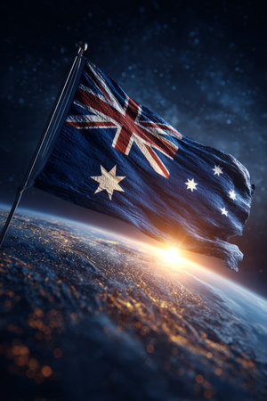 Australian flag over Earth at dramatic sunrise. Generative AIの素材