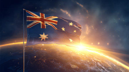 Australian flag over Earth at dramatic sunrise. Generative AIの素材