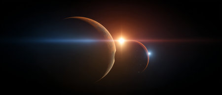 Sunrise over alien planet with multiple moons. Generative AIの素材