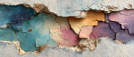 Colorful cracked peeling paint texture on old wall. Generative AIの素材