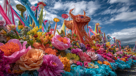 Colorful Batalla de Flores parade float with tropical decor. Generative AIの素材