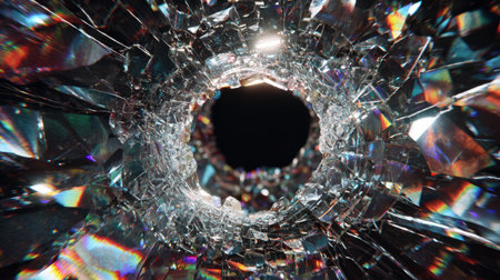 Broken Glass Hole with Prism Light Refractions. Generative AIの素材