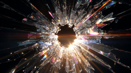 Broken Glass Hole with Prism Light Refractions. Generative AIの素材