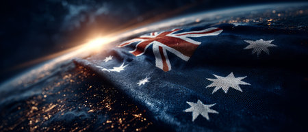 Australian flag over Earth at dramatic sunrise. Generative AIの素材
