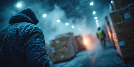 Workers in Cold Storage Facility with Ice Crates .Generative AIの素材