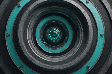 Futuristic Metallic Core with Glowing Teal Rings and Mechanical Design. Generative AIの素材