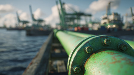 Green industrial pipelines at oil port terminal. Generative AIの素材