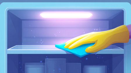 Hand in yellow glove cleaning refrigerator shelf with cloth. Generative AIの素材