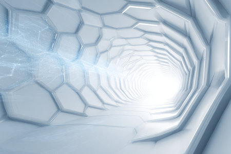 Futuristic White Hexagonal Tunnel with Bright Light. Generative AIの素材