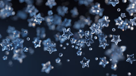 Floating Glass Stars and Water Droplets on Dark Background. Generative AIの素材