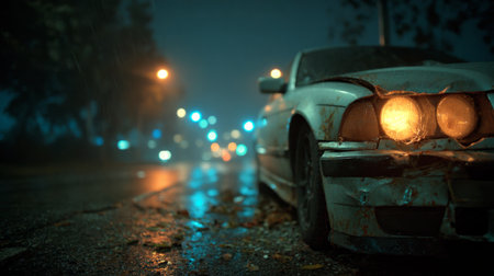 Wrecked car on dark rainy city street at night. Generative AIの素材