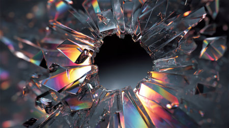 Broken Glass Hole with Prism Light Refractions. Generative AIの素材