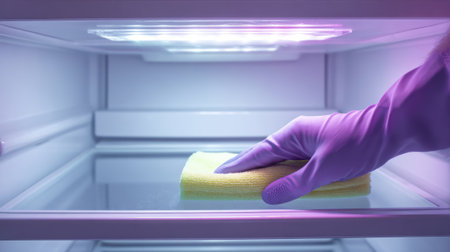 Hand in yellow glove cleaning refrigerator shelf with cloth. Generative AIの素材