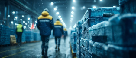 Workers in Cold Storage Facility with Ice Crates .Generative AIの素材