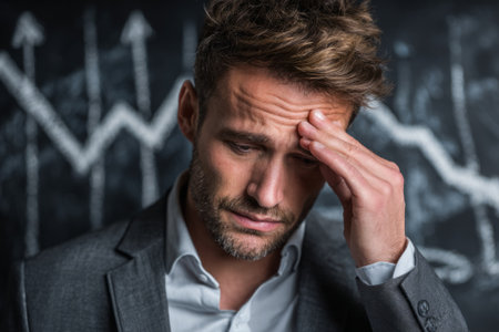 Worried businessman in front of falling stock chart. Generative AIの素材