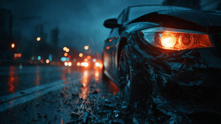 Wrecked car on dark rainy city street at night. Generative AIの素材