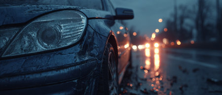 Wrecked car on dark rainy city street at night. Generative AIの素材