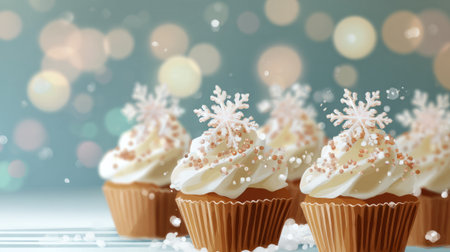 Festive cupcakes topped with white frosting, edible snowflakes, and sprinkles, surrounded by candlelight and cinnamon for a cozy winter treat.の素材