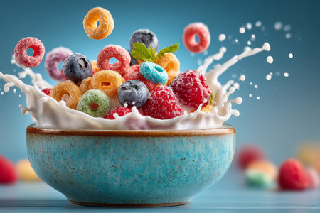 Colorful Cereal Splash with Milk and Berries. Generative AIの素材