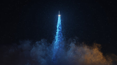 Rocket Launching Through Smoke into Starry Sky .Generative AIの素材