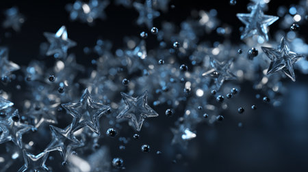 Floating Glass Stars and Water Droplets on Dark Background. Generative AIの素材