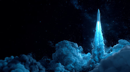 Rocket Launching Through Smoke into Starry Sky .Generative AIの素材